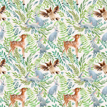 Watercolor Baby Deer, Owl, Little Rabbits On Wild Herbs And Flowers Background