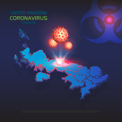 coronavirus in united kingdom. isometric map uk with regions country. hologram 3d molecules of coron