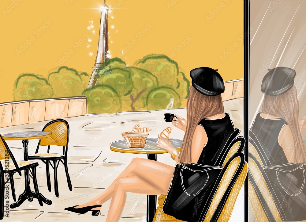 Illustration of a woman dressed in black having a french breakfast with coffee and croissant at the cafe terrace with eiffel tower on the background - obrazy, fototapety, plakaty 