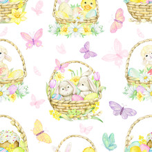 Rabbits, Sheep, Chicken, Easter Eggs, Basket, Flowers, Plants . Watercolor, Seamless Pattern, For The Easter Holiday.