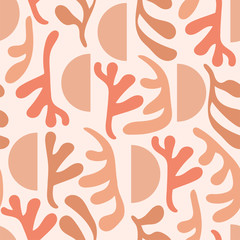 Contemporary collage pastel seamless pattern. Terracotta abstract shapes and tropical leaves. Texture for textile, packaging, wrapping paper, social media post etc. Vector illustration.