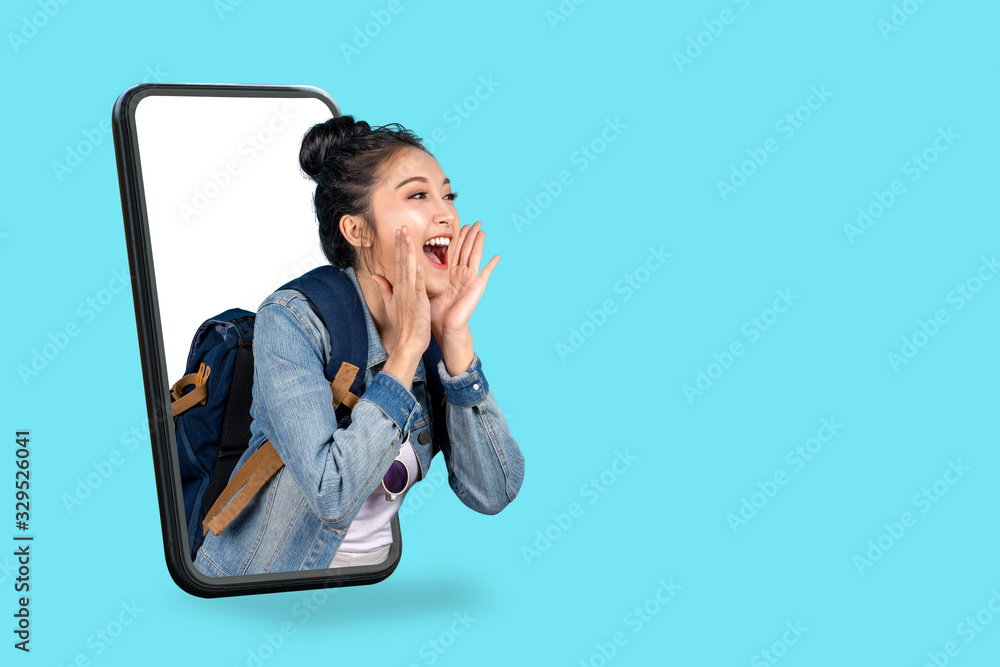 Smartphone pop up for advertising.Asian woman travel backpacker shouting open mouth through from screen mobile.Girl looking to aside copy space for present promotions.Digital marketing online cencept. - obrazy, fototapety, plakaty 