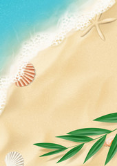 Summer flyer with top view on beach. Top view on ocean beach with soft waves and tropical leaf. Beautiful background with seashells on sea sand. Vector illustration.