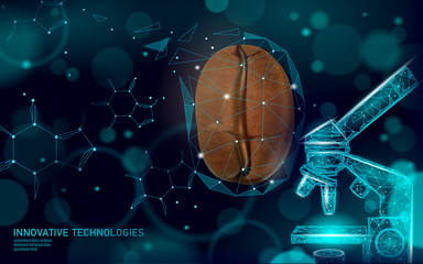 3D coffee bean realistic caffeine molecule. Low poly modern cafe processing symbol. Technology product caffeine free science research. Science research sign vector illustration
