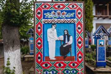 Canvas Print - Grave details on Merry Cemetery in Sapanta village, famous for its painted headstones, one of the major tourist attractions in Romania