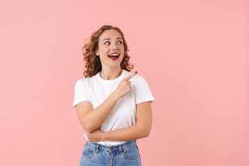 Sticker - Pretty woman posing isolated over pink wall