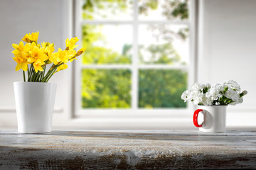 white wooden window of spring time and copy space for your products. kitchen interior 