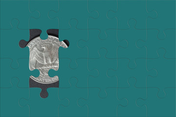 Missing jigsaw puzzle pieces on money dollar background, Business solution concept, key for success