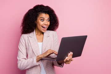 Sticker - Photo of beautiful dark skin lady open mouth hold notebook hands read email colleagues successful project investment wear checkered blazer isolated pastel pink color background