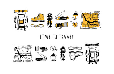 Wall Mural - Vector set of hand drawn isolated elements. Hiking gear for camping trips, adventurous backpacking. Backpack, boots, map, flashlight. Modern lettering. Minimal black. Contour and color