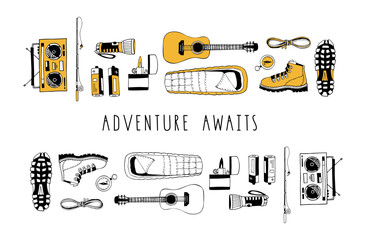 Wall Mural - Vector set of hand drawn elements isolated on white. Camping. Boots, flashlight, rope, guitar, sleeping bag, compass, boombox radio receiver, fishing rod. Lettering. Minimal black. Contour and color