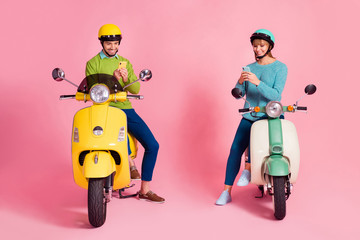 full body photo of funny lady guy two people driving vintage moped vacation together short stop brow