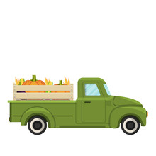 Cartoon Green Farm Truck With Harvest . Vector Illustration