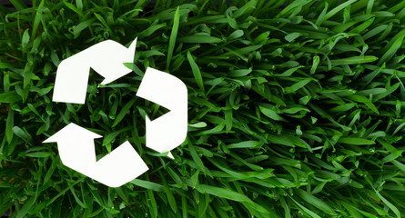 Top view of bright recycling sign on the fresh green grass.Concept of eco friendly relationships