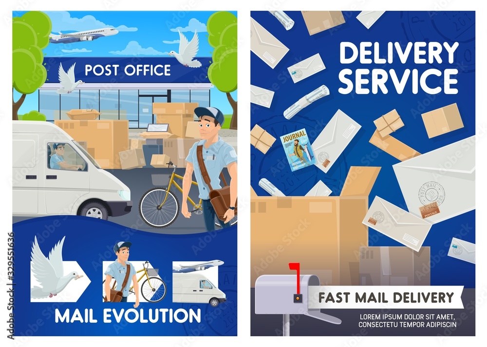 Mail delivery and post office service. Vector postman with mailbox and ...