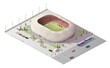 Stadium isometric 3D building. Vector soccer, football and baseball, cricket or rugby sport arena stadium with play field, tribunas and gates, running tracks, car parking and road
