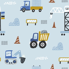 Childish seamless pattern with building equipment. Creative kids texture for fabric, wrapping, textile, wallpaper, apparel. Vector hand drawn illustration. Blue background.