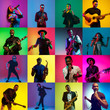 © master1305 - Collage of portraits of young 11 emotional talented musicians on multicolored background in neon light. Concept of human emotions, facial expression, sales. Playing guitar, saxophone, singing, dancing