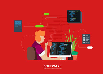 Wall Mural - Software development and programming, program code on laptop screen, big data processing, computing isometric