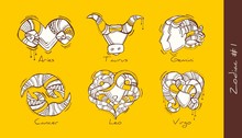 Set Of Vector Graphic Illustration Of Zodiac Signs In Boho Style. Aries, Taurus, Gemini, Cancer, Leo, Virgo. Set 1