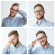 © Mangostar - Positive young man portrait set with different facial expressions. Happy, cheerful, tired man in grey shirt studio shot collage. Multiscreen montage, split screen collage. Emotions concept