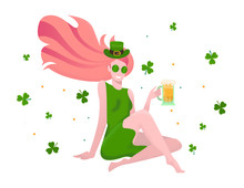 Girl With Flowing Red Hair Wearing As Leprechaun In Green Hat Sits With Legs Crossed With Beer Mug.White Card With Clover Leaves Pattern. Modern Flat Illustration With Textures In Cartoon Style