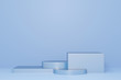 © Kakabe - 3d rendered illustration with geometric shapes. blue steps cylinder podium platforms for cosmetic product presentation. mock up minimal design with empty space. Abstract composition modern