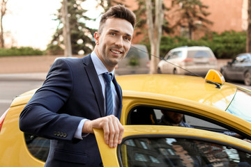 Poster - Businessman getting in taxi on city street