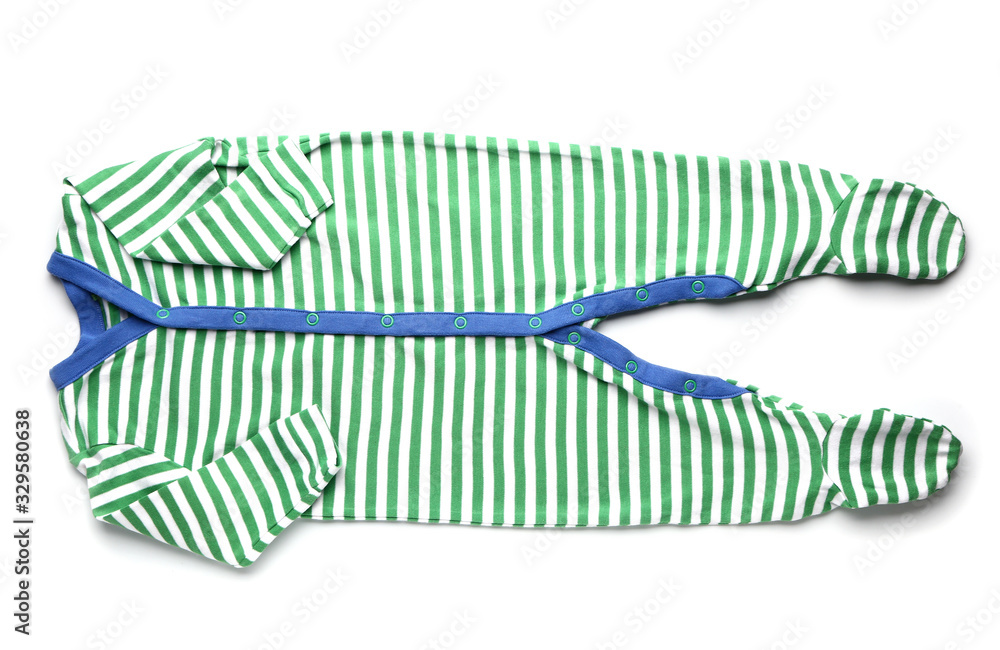 Baby clothes on color background