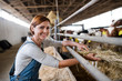 © Halfpoint - Woman worker with hay working on diary farm, agriculture industry.
