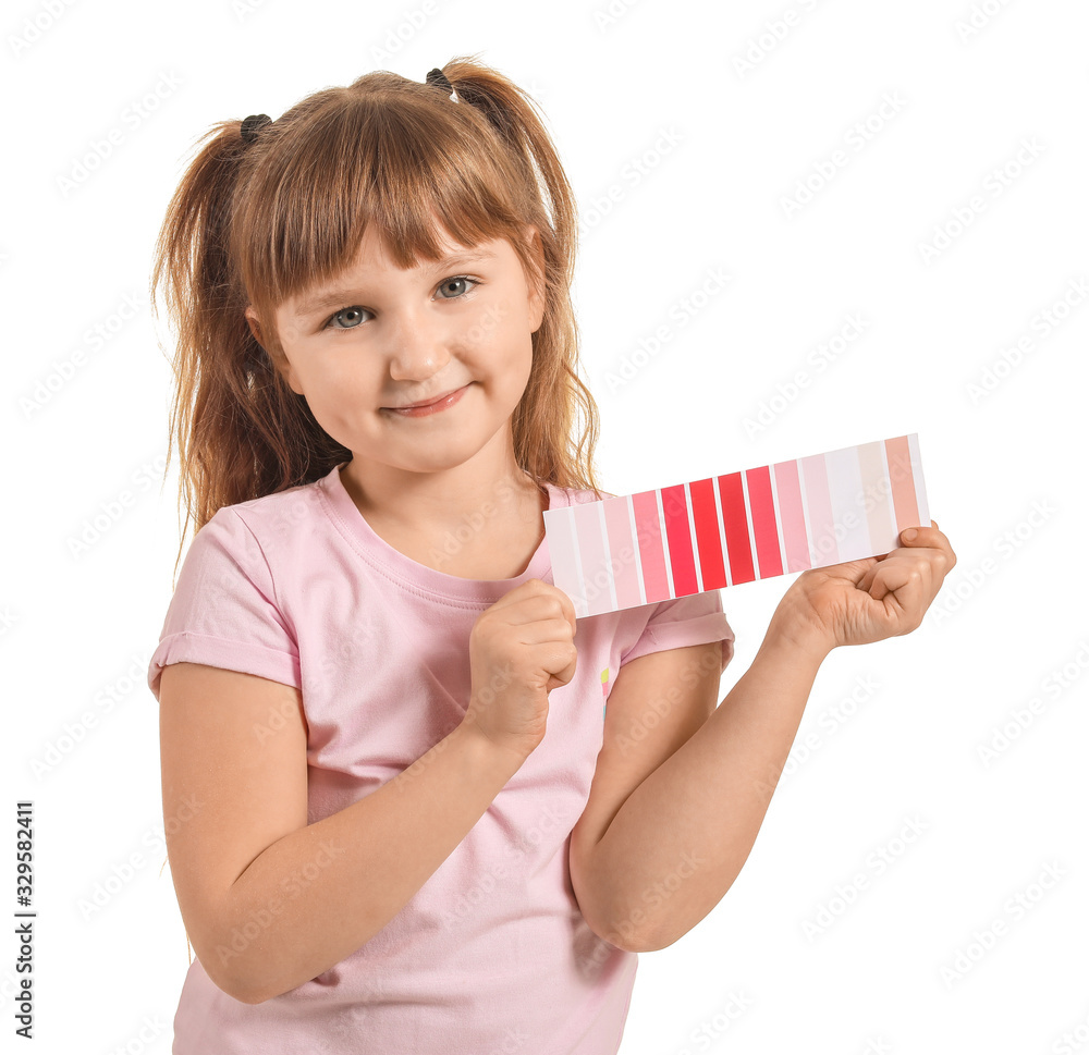 Little girl with color palette on white background