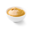 Bowl of tasty honey mustard sauce on white background