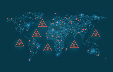 World map with biohazard signs. Coronavirus or other world epidemic concept.