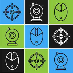 Set line Target sport, Computer mouse gaming and Web camera icon. Vector