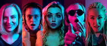 Collage Of Portraits Of 4 Young Emotional People On Multicolored Background In Neon. Concept Of Human Emotions, Facial Expression, Sales. Smiling, Listen To Music With Headphones. Flyer For Ad