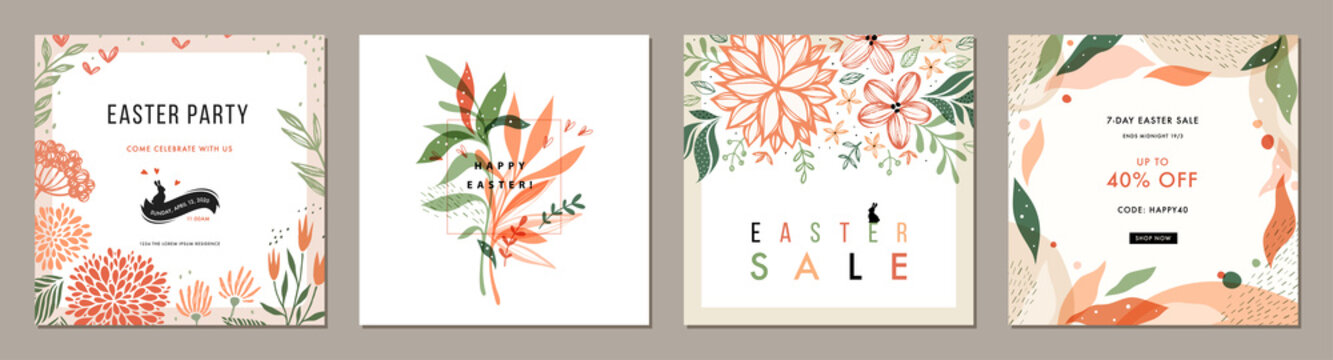 trendy easter floral square templates. suitable for social media posts, mobile apps, cards, invitati