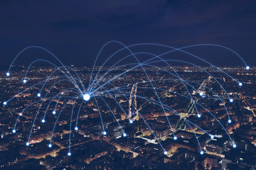 network communication or distribution concept, connection line from central point over night city