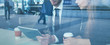 © Song_about_summer - people using technology, business banner background, man with tablet computer, double exposure