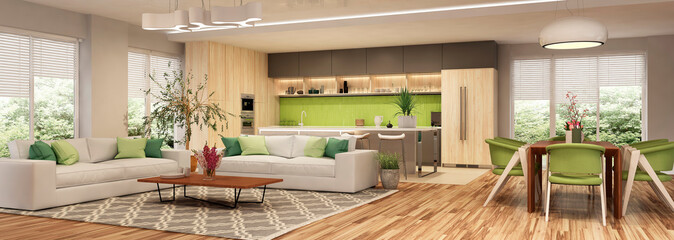 Modern house interior kitchen with living room design. 3D Render