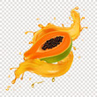 Papaya fruit in realistic papaya juice splash vector icon