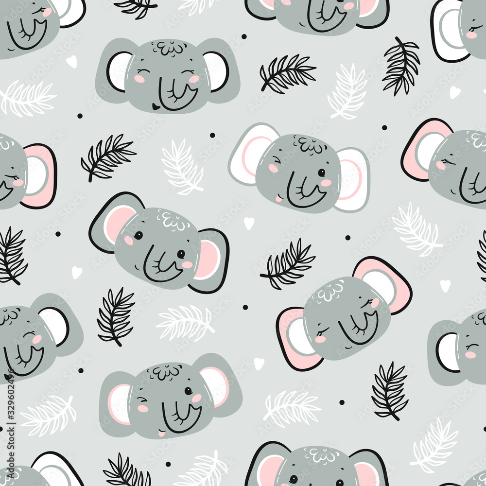 Cute Elephants. Little Baby Elephant Face and Tropical Leaves Floral Seamless Pattern. Kawaii Animal Heads Vector Childish Background for Kids Fashion Design. Print for Nursery Wallpaper, Baby Shower Stock Vector | Adobe cute-elephants-little-baby-elephant-face-and-tropical-leaves-floral-seamless-pattern-kawaii-animal-heads-vector-childish-background-for-kids-fashion-design-print-for-nursery-wallpaper-baby-shower-stock-vector-adobe