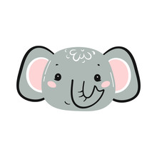 Cute Elephant Head Print Design For Kids. Little Baby Elephant Face. Doodle Cartoon Kawaii Animal Vector Illustration. Scandinavian Print Or Poster Design, Baby Shower Greeting Card