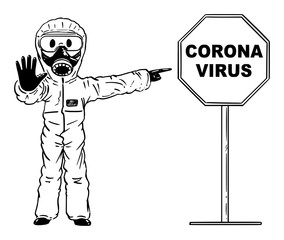 Poster - Vector cartoon stick figure drawing conceptual illustration of man wearing protective face mask and suit showing stop gesture and pointing at coronavirus covid-19 sign.