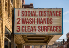 A Photo Illustration Of A Movie Cinema Billboard With Three Basic Rules To Avoid The Coronavirus Or Covid-19 Epidemic Of Wash Hands, Maintain Social Distance And Clean Surfaces