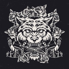Wall Mural - Scary angry wolf head monochrome template