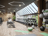 Fototapeta Przestrzenne - Modern gym interior with sport and fitness equipment and panoramic windows, fitness center inteior, inteior of crossfit and workout gym, 3d rendering