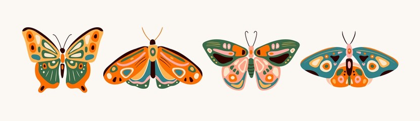 Wall Mural - Hand drawn various beautiful Butterflies. Colorful Vector set. Top view. Pastel colors. Trendy illustration. All elements are isolated 