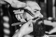 © volurol - Barber with straight razor shaving bearded man. Hairstylist serving client. Barber shop. Vintage barber razor.