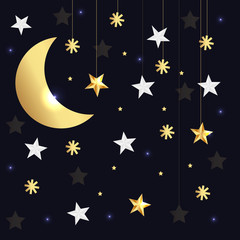 Canvas Print - Vector luxury black background with gold stars and moon. Vector illustration