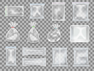 Aufkleber - Empty transparent packs realistic mockups bundle. Vacuum container, disposable cellophane bag and polyethylene zipper pouch set. Packaging templates for various products vector illustration.